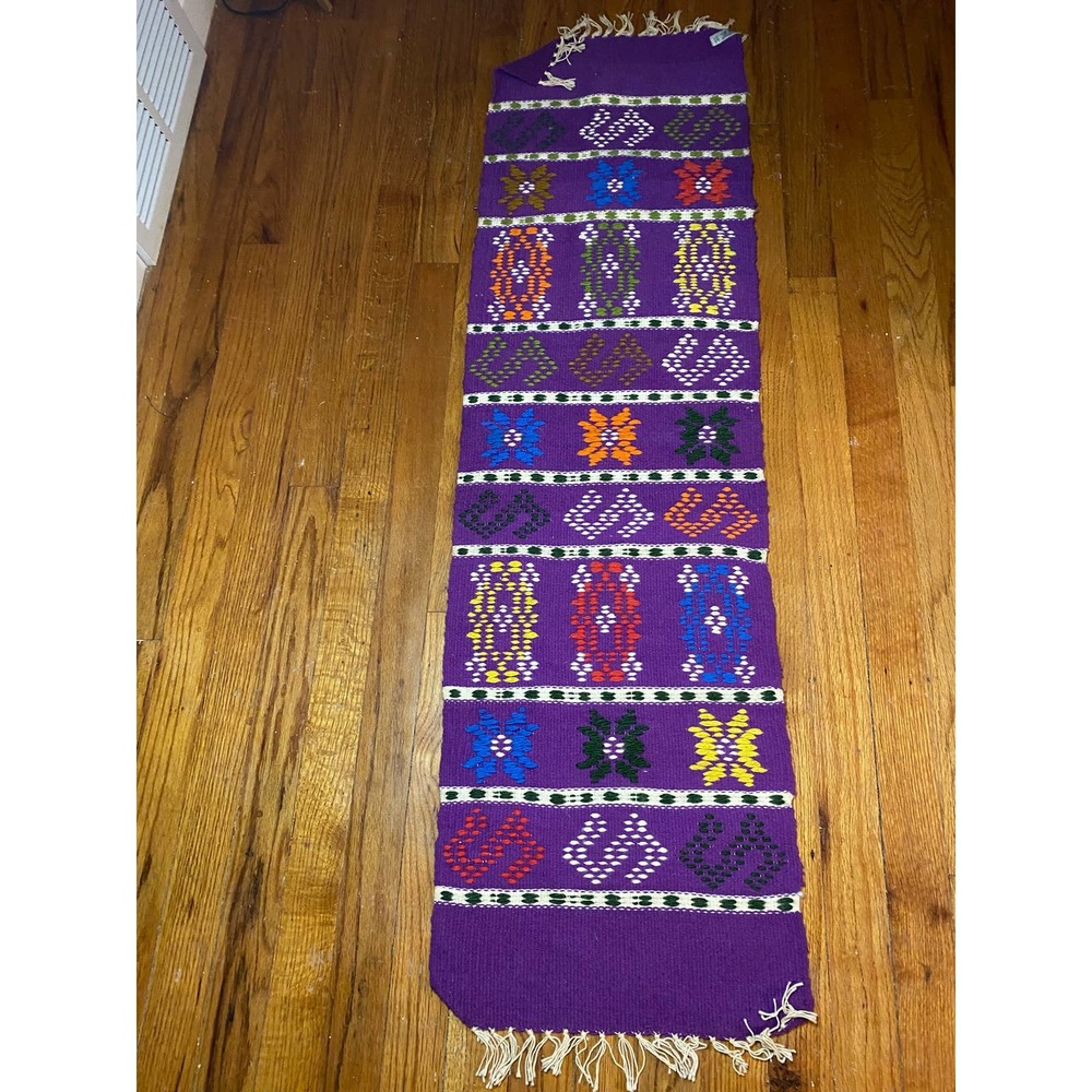 Colorful vintage made in Greece woven tapestry table runner spun rayon/cotton